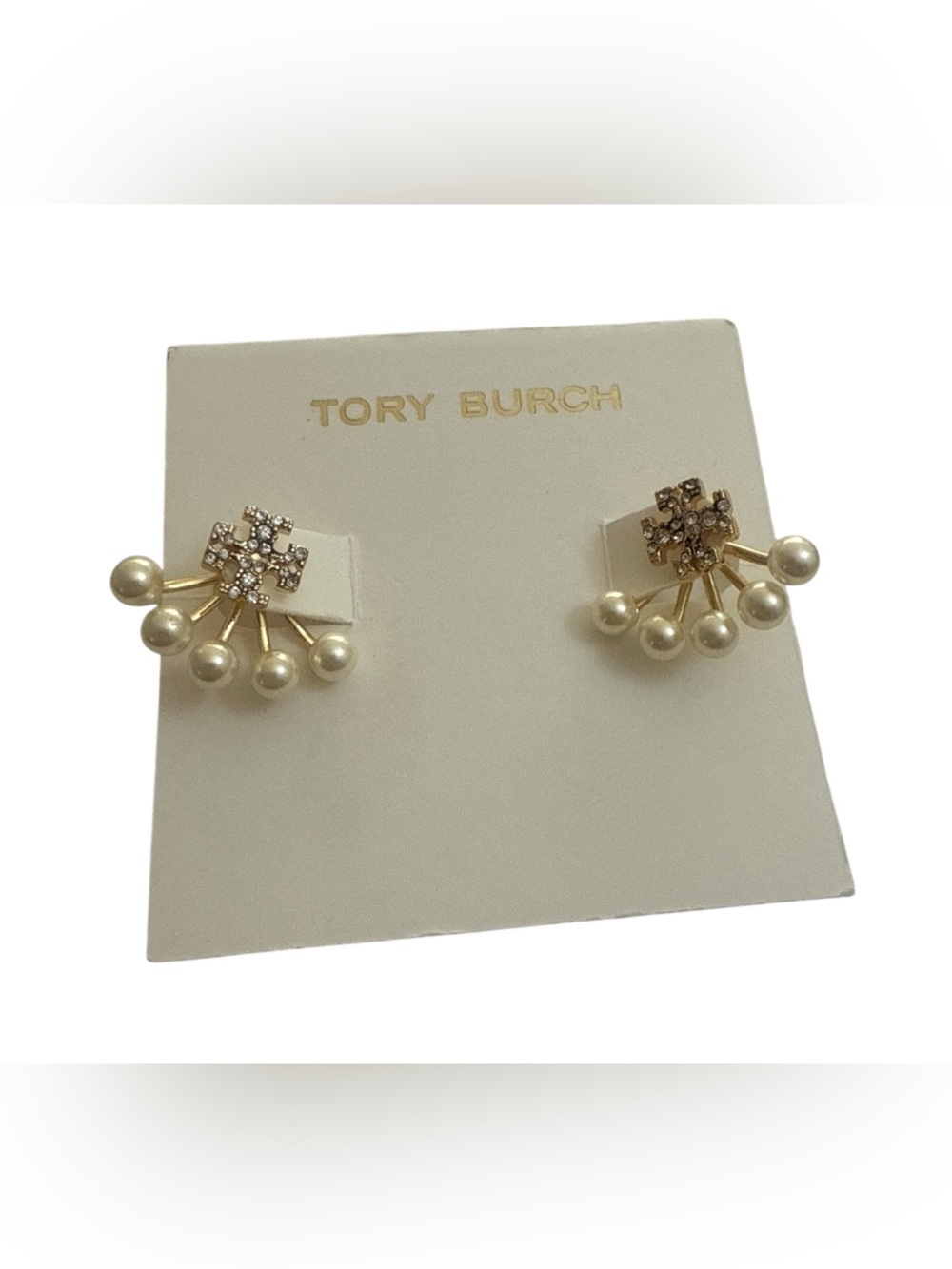 Tory Burch Gold-Tone Crystal & Pearl Fan Stud Earrings